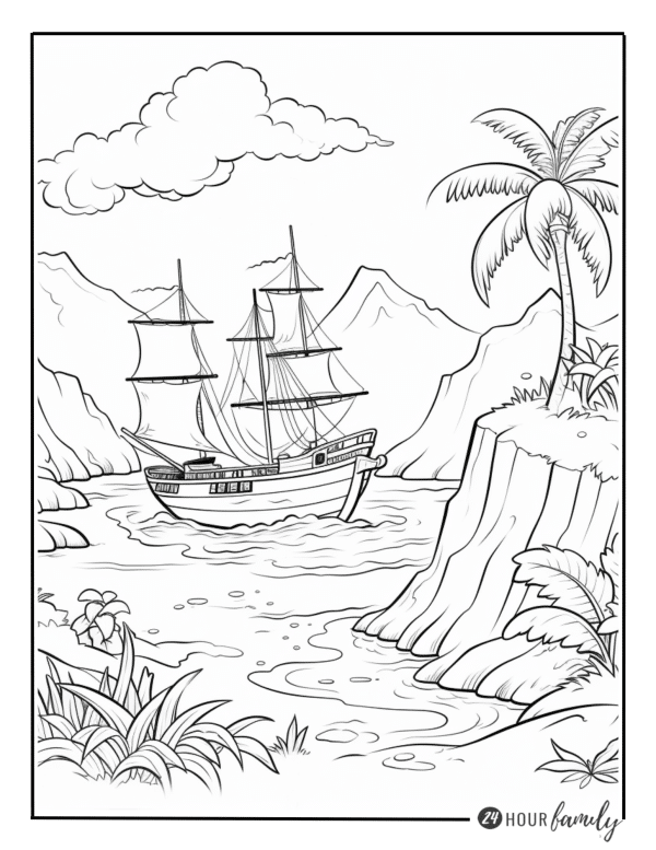 coloring page of a pirate ship sailing in the ocean next to an island with palm trees and a mountain