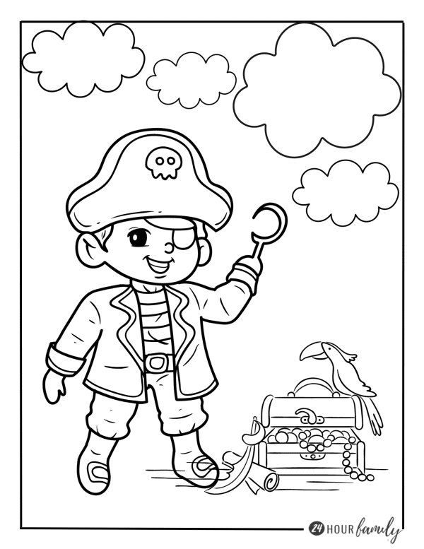 a coloring page of a little boy dressed as a pirate standing next to a treasure chest