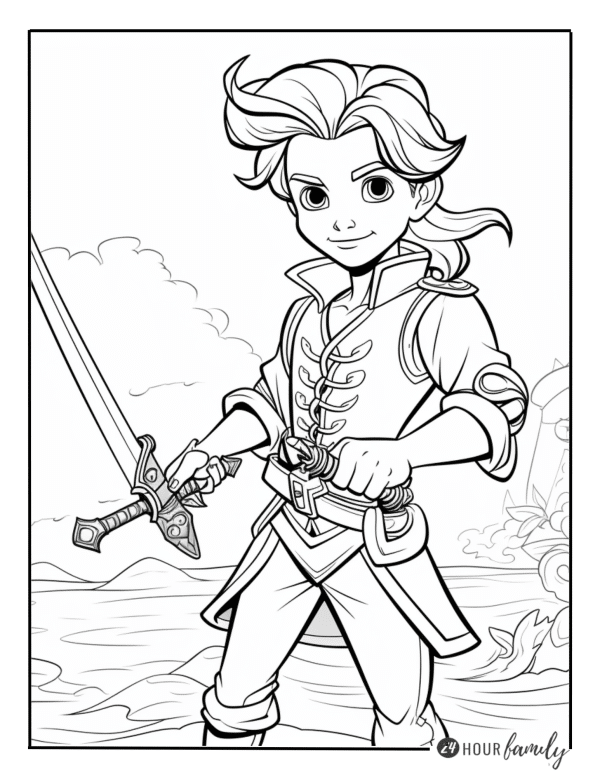 a coloring page of a young boy with a sword standing on a beach