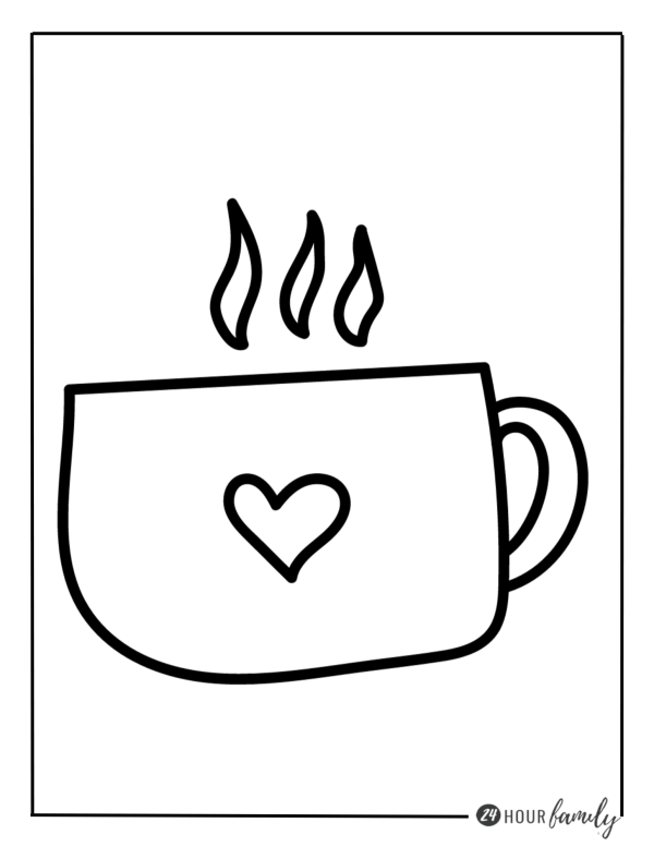 A Christmas coloring page featuring a cup of hot chocolate with a heart on it