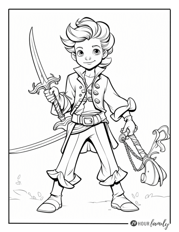 a colroing page of a boy in a pirate costume holding a sword while standing