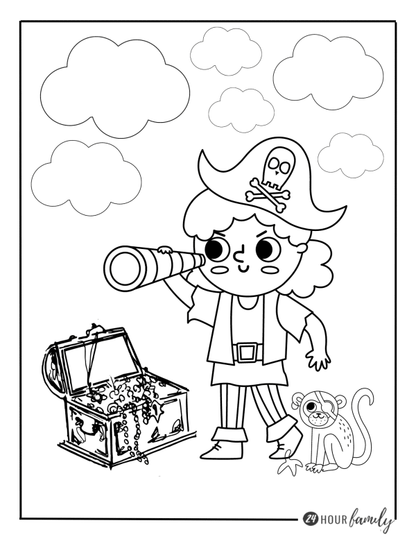 a coloring page of a pirate with a telescope looking out at the sea