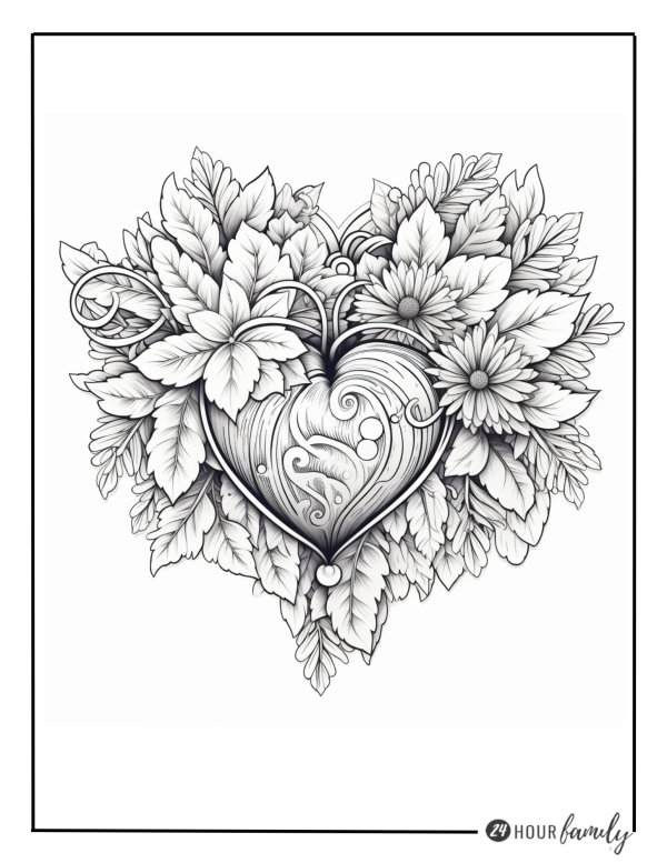 A Christmas coloring page featuring a heart surrounded by leaves and flowers