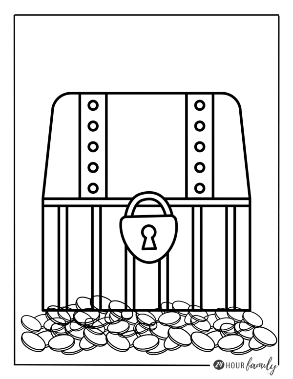 a coloring page of a treasure chest with a lock and a pile of coins around it