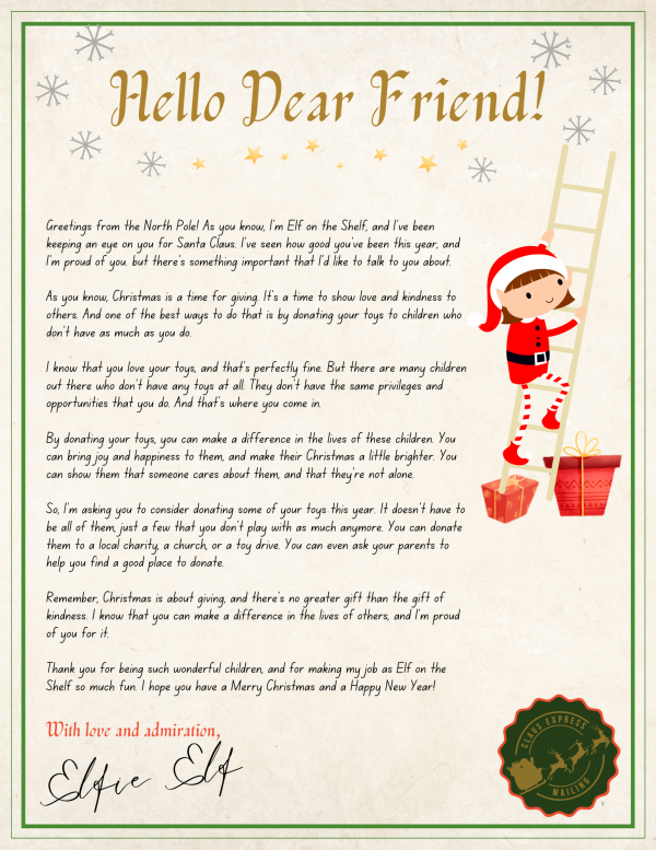 Elf letter with light beige and faint snowflake patterns as background