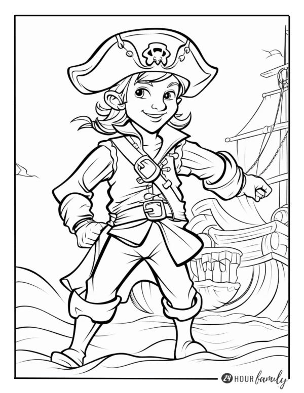 A coloring page of a young female pirate near a ship