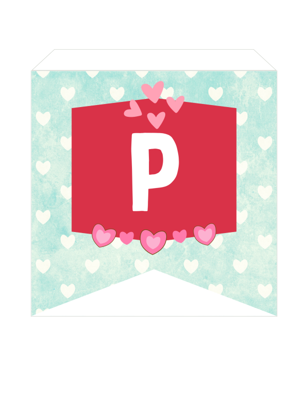Illustration of a banner with a red square displaying the letter "P", surrounded by heart patterns