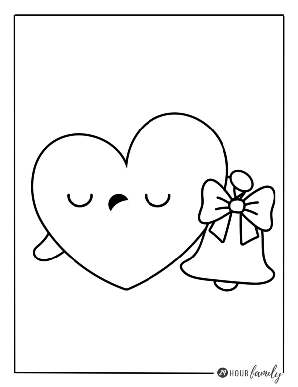 a christmas heart coloring page featuring a heart with arms holding a bell with a bow