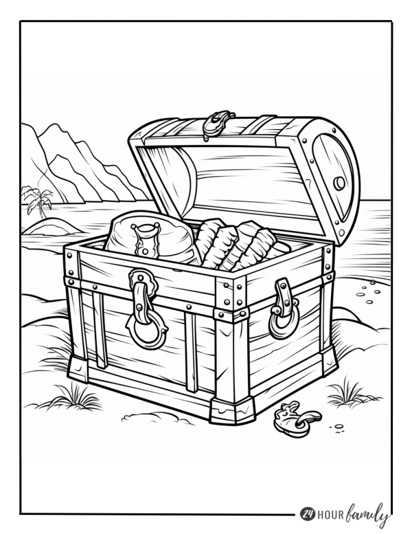 a coloring page of an open treasure chest