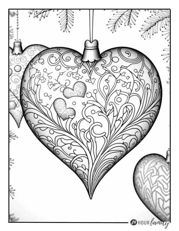 A Christmas coloring page featuring a heart-shaped ornament