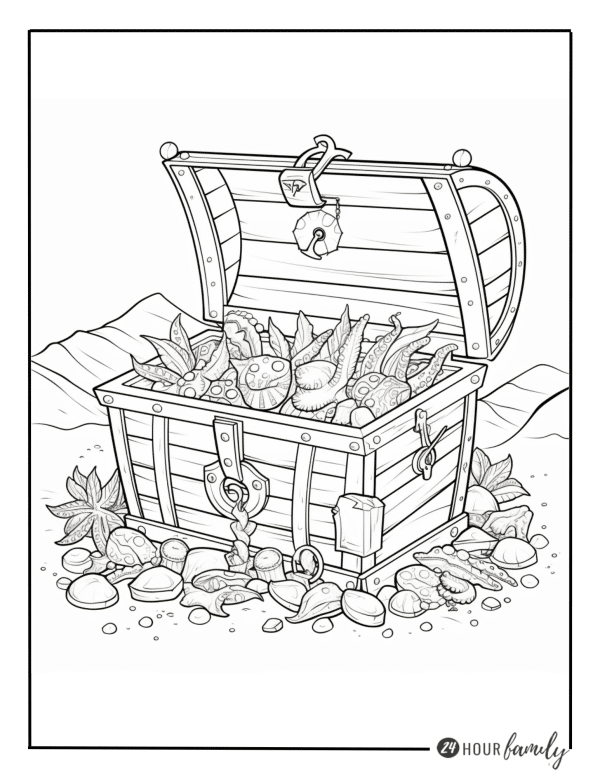 a coloring page of a treasure chest filled with seashells and rocks on a beach