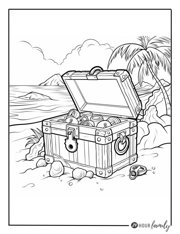 a coloring page of a pirate treasure chest on a beach with palm trees in the background