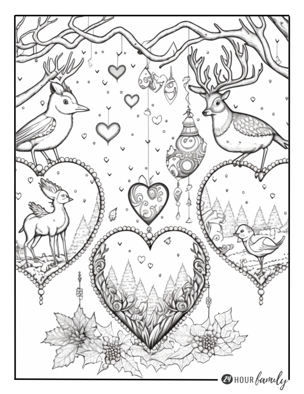 A Christmas coloring page featuring deer, birds, and heart-shaped ornaments in a forest