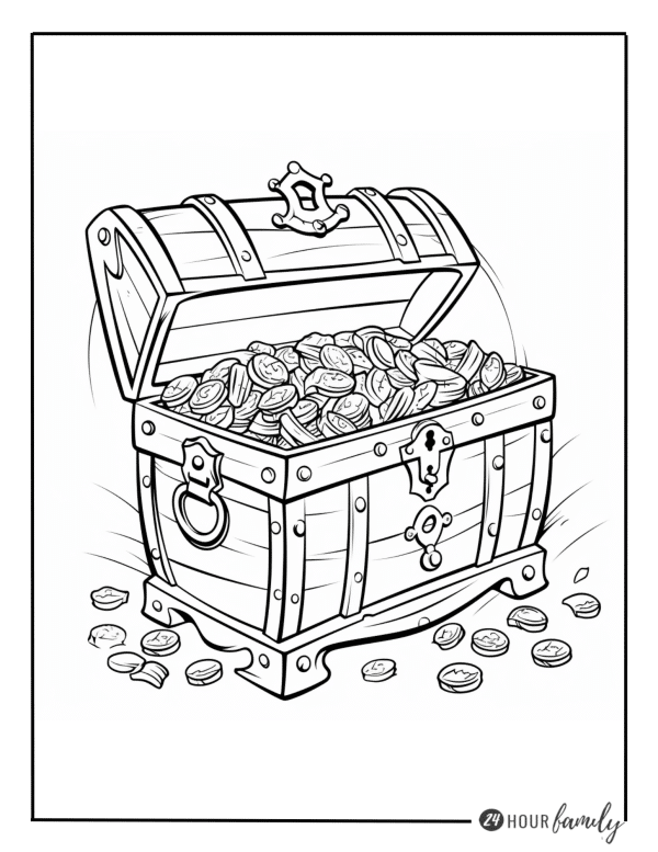 a coloring page of a pirate treasure chest filled with gold coins