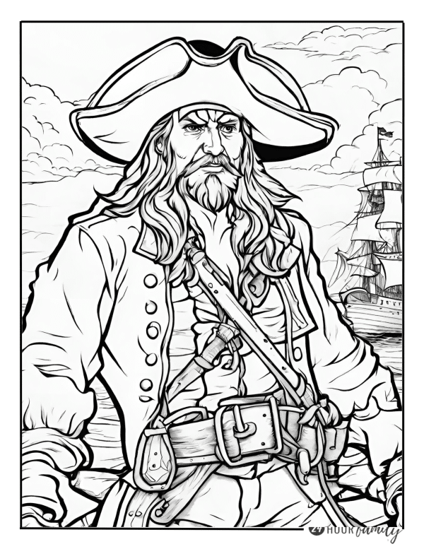 a coloring page of a pirate standing in front of a ship in the ocean