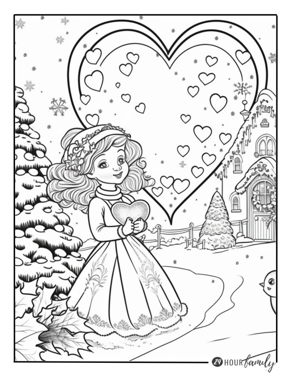 A Christmas coloring page featuring a little girl holding a heart in a snowy place
