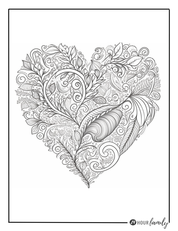 A Christmas coloring page featuring a  heart with leaves and swirls