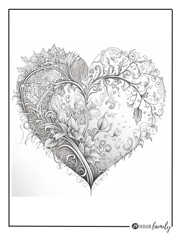 A Christmas coloring page featuring a heart with flowers and leaves