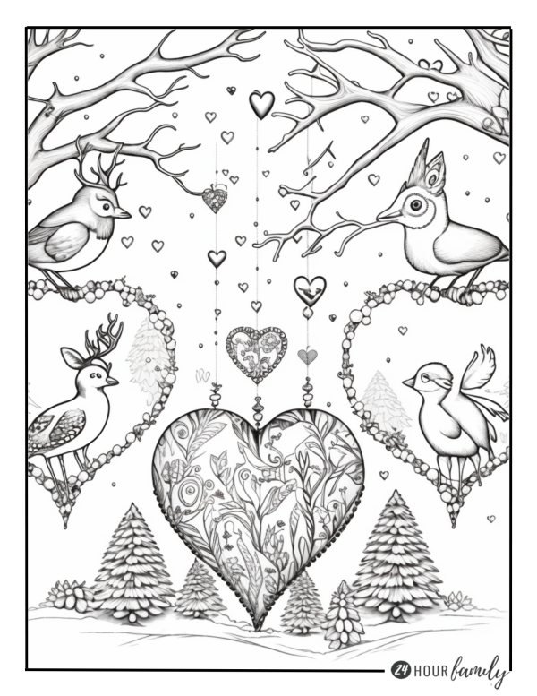 A Christmas coloring page featuring deer, birds, and heart-shaped ornaments in a forest