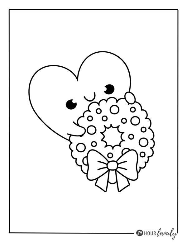a christmas heart coloring page featuring a heart with a smiling face holding a christmas wreath
