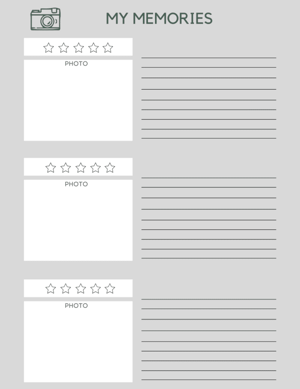 camping journal page with photo slots in white square space and lines for notes