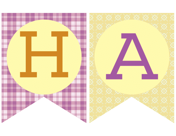 Two banners one letter H on purple plaid background, one with letter A on yellow floral background