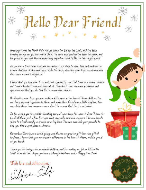 Elf letter with plain white backdrop and an Elf with gift image beside the letter