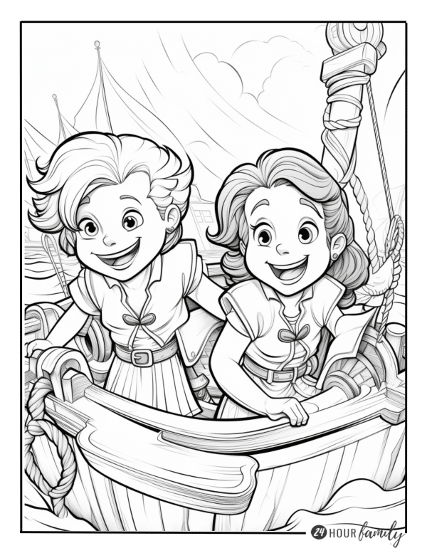 A coloring page of  two joyful children on a ship's deck