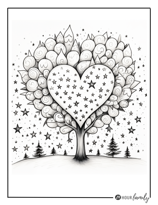 A Christmas coloring page featuring a heart shaped tree with stars on it
