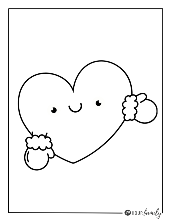 A Christmas coloring page featuring a heart with mittens and a smiley face