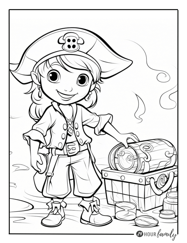 A coloring page of a young pirate girl next to a treasure chest