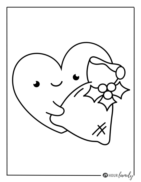 A Christmas coloring page featuring a heart holding a bag of presents