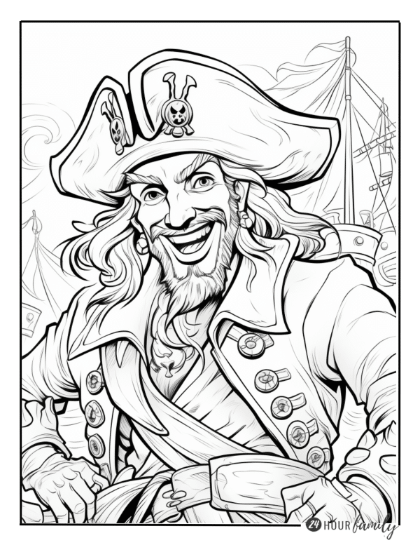 A coloring page of a jovial pirate captain with a ship background