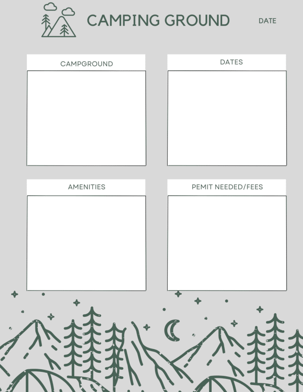 Camping ground journal page with sections of forms for details