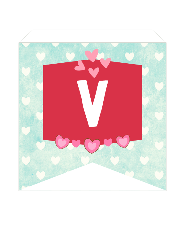 Illustration of a banner with a red square displaying the letter "V", surrounded by heart patterns