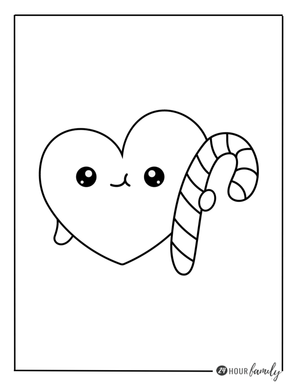 A Christmas coloring page featuring a heart and a candy cane