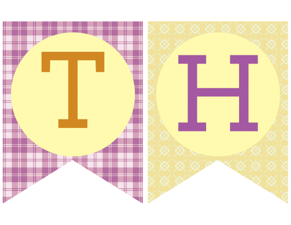 Two banners one letter T on purple plaid background, one with letter H on yellow floral background