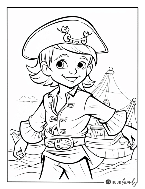 A coloring page of a young boy pirate with a ship in the background
