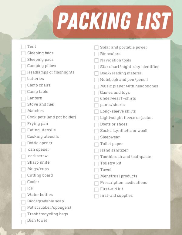 packing list Camping journal page with checkboxes and items needed for camping