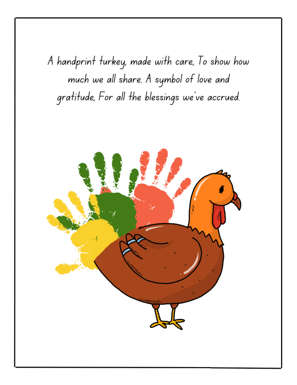 a handprint turkey made with care to show how much we all share a symbol of love and gratitude for all the blessings we've accrued