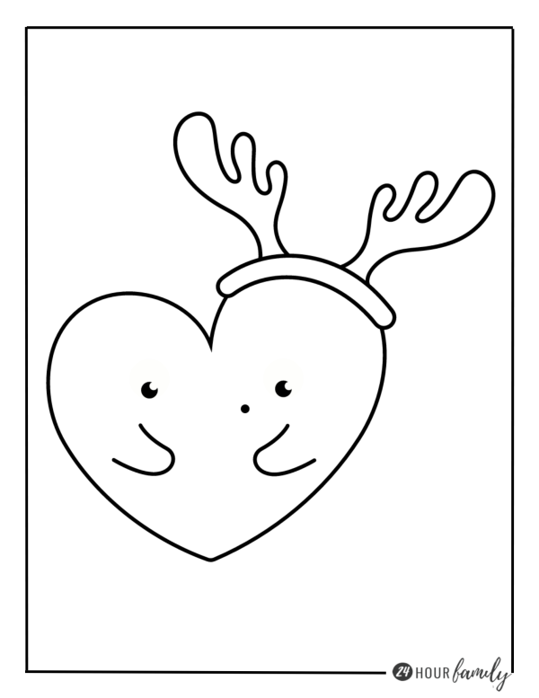 A Christmas coloring page featuring a heart with reindeer antlers
