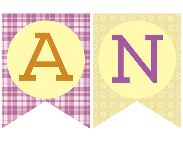 Two banners one letter A on purple plaid background, one with letter N on yellow floral background