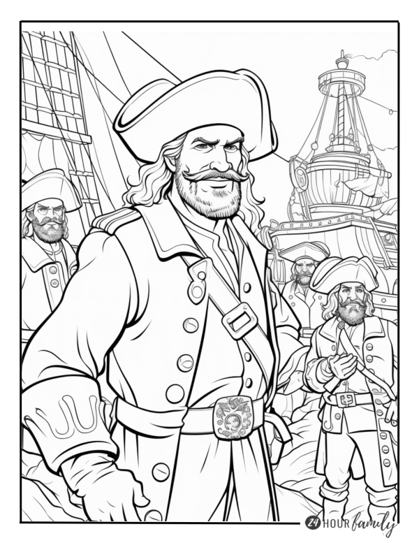 A coloring page of a stern pirate captain with crew members and a ship behind him