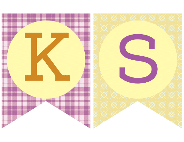 Two banners one letter K on purple plaid background, one with letter S on yellow floral background