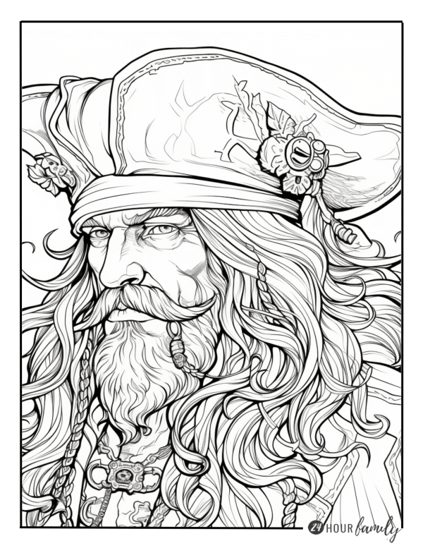 A coloring page of an old pirate with a detailed hat and long flowing hair and beard