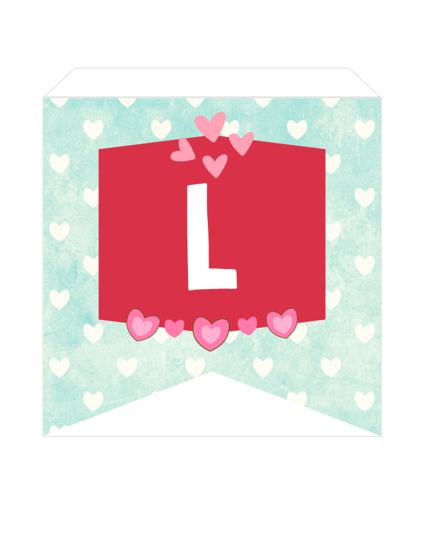 Illustration of a banner with a red square displaying the letter "L", surrounded by heart patterns