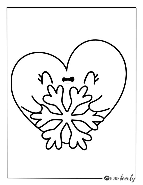 A Christmas coloring page featuring a heart holding a snowflake