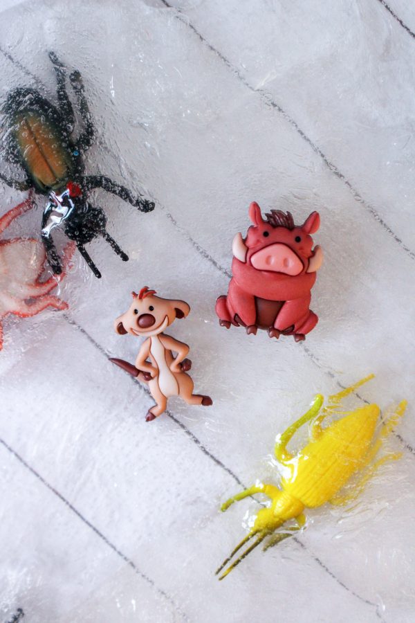 Toy bugs, pumbaa toy, and timon toy on a white, clear slime