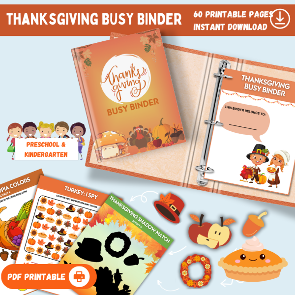 60 page Thanksgiving busy binder for preschool kindergarten printable games and printable cut-out acitivites