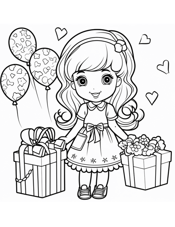 happy birthday coloring page with presents and balloons